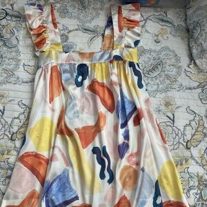 Brand New multi color abstract flowy dress size small with ruffle straps